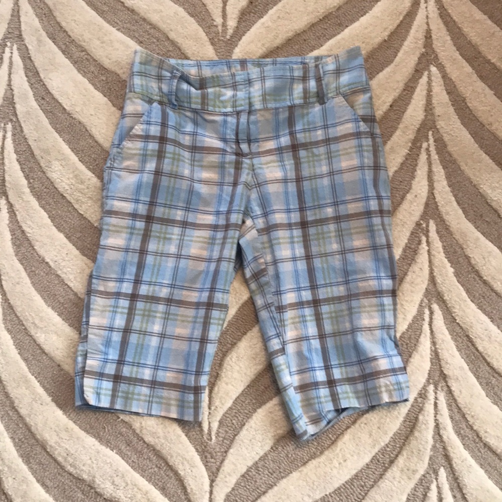 Light blue and green plaid capris